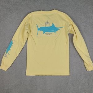 Guy Harvey T-Shirt Mens Small Yellow Long Sleeve Blue Water Marlin Casual Pocket